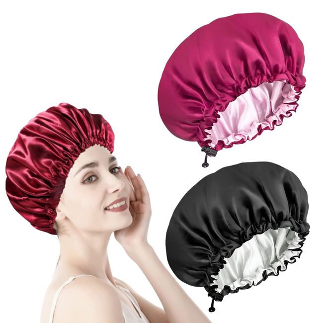 2 Pack Satin Bonnet, Adjustable Double-Sided Sleep Bonnet, Silk Hair Wrap for Sleeping, Soft Sleeping Head Cover Sleeping Hat for Women and Girls Curly Hair (Black & Red)