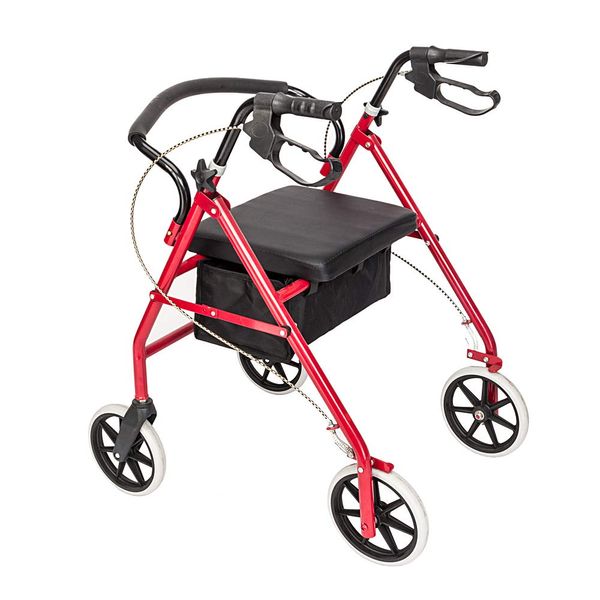 Lightweight Folding Four Wheel Rollator, Mobility Walker with Padded Seat, Lockable Brakes and Carry Bag, Limited Mobility Aid, for Elderly or Disabled (Red)