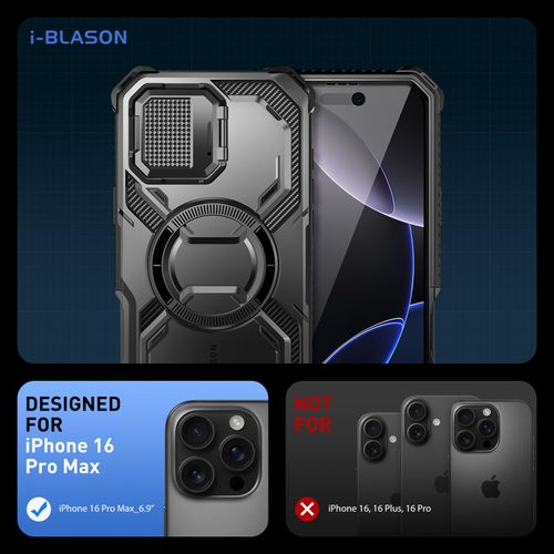 i-Blason Armorbox for iPhone 16 Pro Max Case MagSafe [Camera Control Button Cover] [Camera Cover Stand] [Military Protection] Full-Body Magnetic Phone Case with Built-in Screen Protector, Black