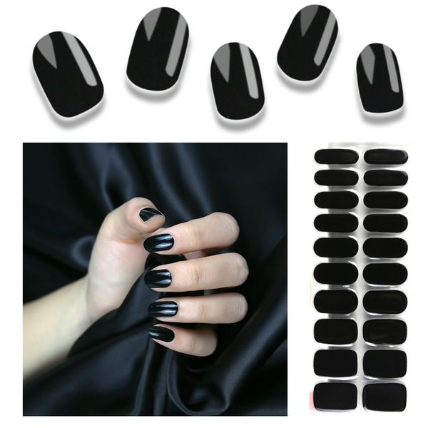 Wekcekcek Semi Cured Gel Nail Strips, 20pcs Gel Nail Polish Stickers, Pure Black Gel Nail Stickers - Work with Any UV Lamp, Long Lasting Full Nail Wraps with Nail File and Stick