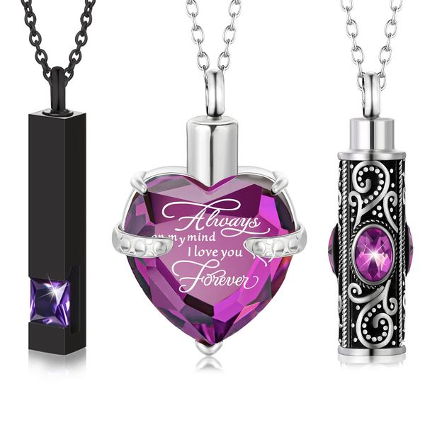 MTLEE 3 Pieces Cremation Urn Necklace for Ashes Vertical Bar Zircon, Heart Crystal Cremation Urn Necklace Urn Stainless Steel Necklace Waterproof Memorial Pendant Necklace (Purple Zircon)