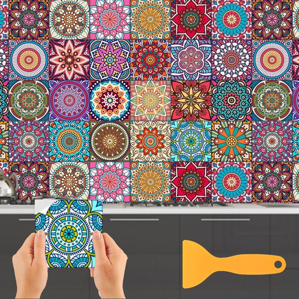 ZOCONE Moroccan Tile Stickers, 24 PCS Square Colorful Tile Stickers for Kitchen Bathroom, Waterproof, 15 * 15cm Vinyl Wall Tile Stickers Mandala Tile Decals Tile Transfers Stickers Stick on Tiles