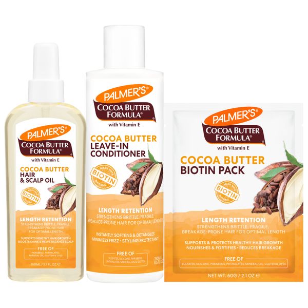 Palmer's Hair & Scalp Oil + Leave In Conditioner + Hair Biotin Pack, Cocoa Butter Hair Care Bundle, Includes 1 Hair & Scalp Oil Spray (5.1 fl oz), 1 Conditioner (8.5 fl oz), 1 Packette (2.1 oz)