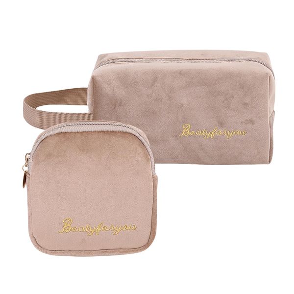 FAVORTALK Cosmetic Bag 2 Pcs Velour Makeup Bags Multi-Function Travel Pouch with Zipper Toiletry Bag with Coin Purse, ZH21415