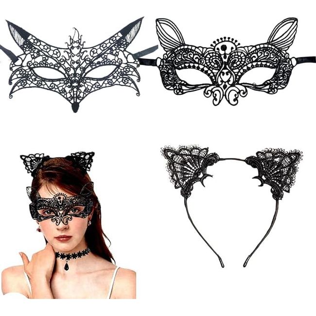 Yeesabella 3 PCS Cat Ears Headband Lace Cat Mask Set Sexy Masquerade Mask Choker Mask Catwoman Costume Eyemask for Party Carnival