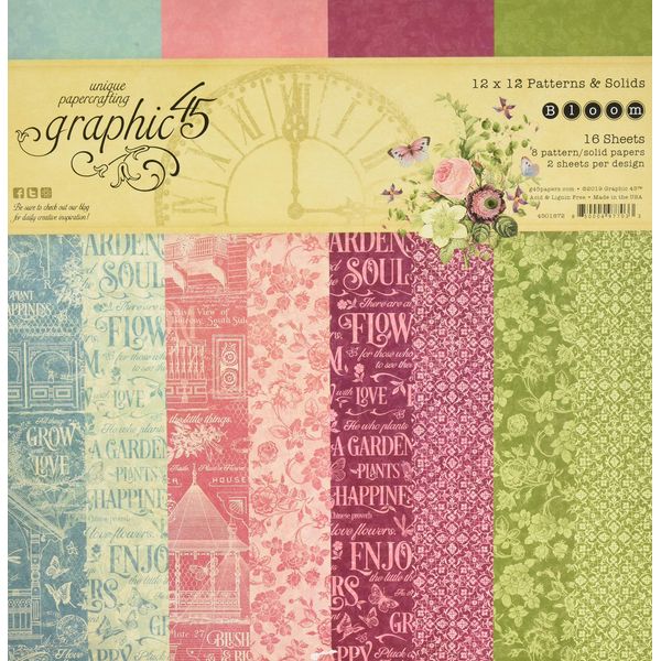 Graphic 45 4501872 Bloom Patterns & Solids 12"x12" Paper Pad 16 sheets