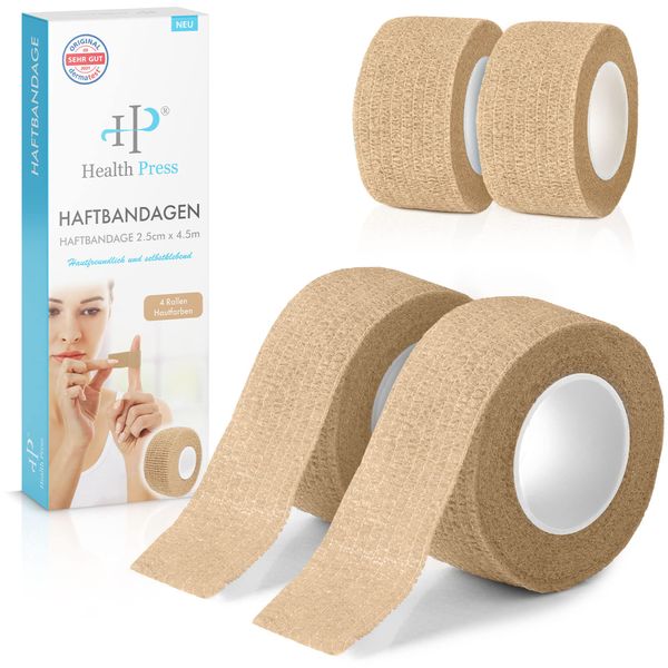 Fingerpflaster Selbsthaftend - 4x Pflaster Rolle Hautfarben (2,5cm x 4,5m) - Verband Selbstklebend - Elastisches Tape wasserfest - Staub-, Fett- und Schmutzabweisendes Pflasterband