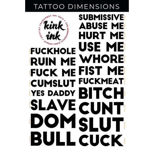 Kink Ink - 19 x Block Word Temporary Tattoo Lettering in Black Sexy Kinky A4 Sheet