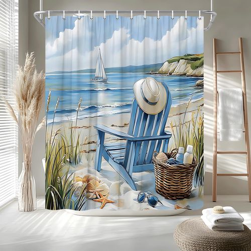 Summer Beach Coastal Shower Curtain Blue Sea Ocean Landscape Beachy Recliner Chair Hat Starfish Hawaii Scenery Waves Seaside Bath Curtain Fabric Bathroom Accessories Decor with Hooks