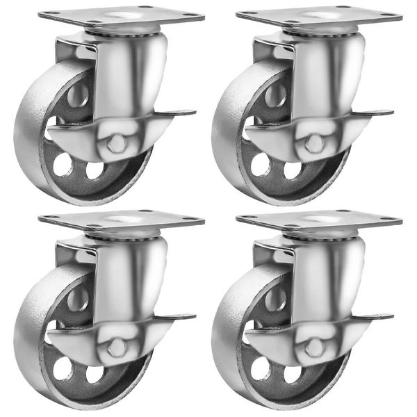 4 All Steel Swivel Plate Caster Wheels Lock Heavy Duty Gray 3.5" W/ Brake