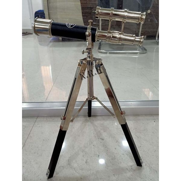 Vintage Double Barrel (London 1917) Telescope On Tripod Stand Antique Home Decor Table Top