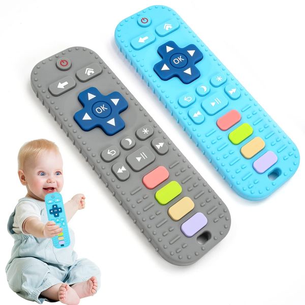 Baby Teething Toys, 2Pack Teething Toys for Babies 6-12 Months 0-6 Months, Baby Toys 6 to 12 Months, Remote Control Teething Toys, Newborn Baby Teether, Infant Toys for Baby Boy Girl Toys (Gray+Blue)