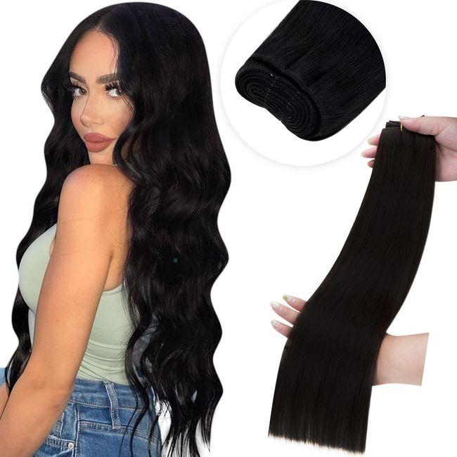 LaaVoo 120g Weft Hair Extensions Black Sew in Hair Extensions Real Human Hair #1 24inch Jet Black Human Hair Weft Extensions Sew in Weave Bundles Brazilian Hair Double Weft Long Straight