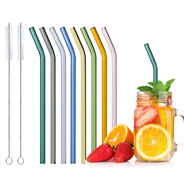 Glass Straws Reusable, 8 Pcs Multicolour Drinking Straw, Bent Glass Drinking Straws with 2 Cleaning Brushes, Eco Friendly Glass Straws for Smoothies Milkshake and Cocktail (19.5cm)