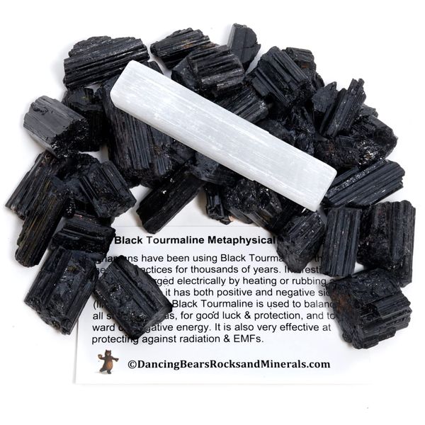 DANCING BEAR Black Tourmaline Crystals Bulk (1/2 LB Small Pieces), Includes: (1) Selenite Stick & Information Cards, Rough Raw Natural Stones for Good Vibes, Reiki Energy, Made in USA