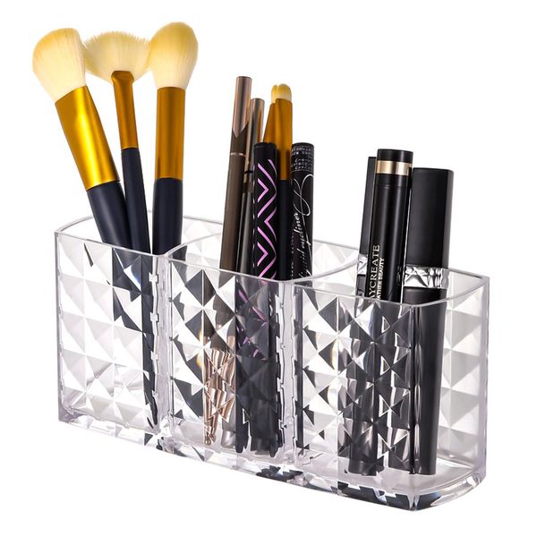 3 Scomparti Acrilico Cosmetici Organizer Porta Pennelli da Trucco in Cristallo Makeup Brush Holder ideale per Pennelli e Mascara, Porta Trucchi Trasparente in Acrilico per Trucco, Casa, Ufficio, Bagno