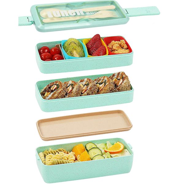 Meider Upgrade Bento Lunch Box, Reusable Bento Box for Kids and Adults, Meal Prep Containers with Fork and Spoon(1000ml,Green)