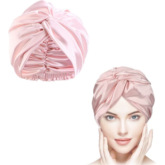 Hair Bonnet for Sleeping,Mulberry Silk Night Sleep Bonnet Cap,Silk Hair Wrap for Sleeping,Mulberry Silk Bonnet Double-Sided Sleep Cap,Night Sleep Cap Silk Bonnet for Women Girls Curly Hair (Pink)