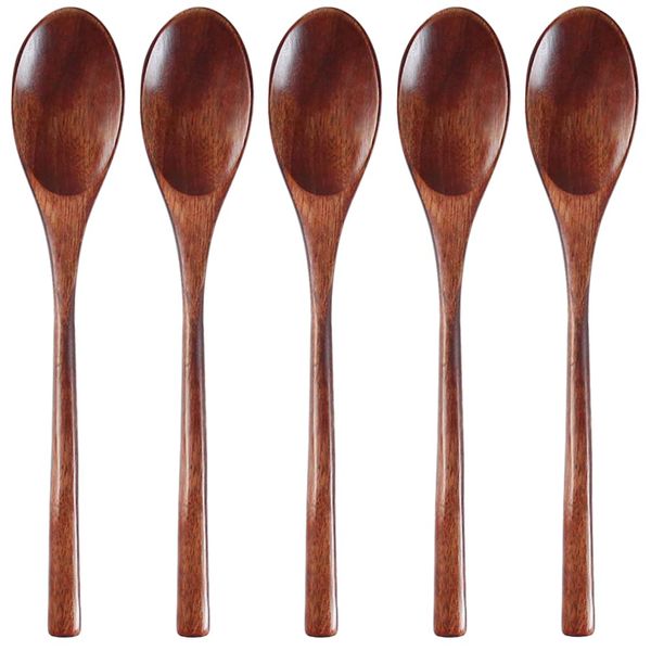 AOOSY Spoons, Set of 5, 22cm Unpasted Natural Wooden Spoons Natural Lacquer Spoons for Bento Box, Restaurant, Salad, Curry, Soup, Chinese Food, Fried Rice, Astragalus, Safe Shaved Ice Spoons