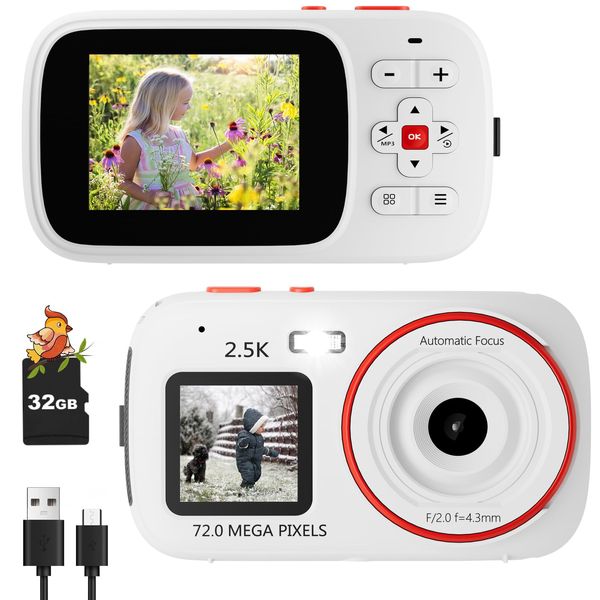 Digital Camera for Kids Teens Girls Boys, Point and Shoot Camera with Dual Screen Autofocus 16X Zoom, FHD 1080P 72MP Vlogging Camera, Compact Camera with 32GB Card, Fill Light(White)