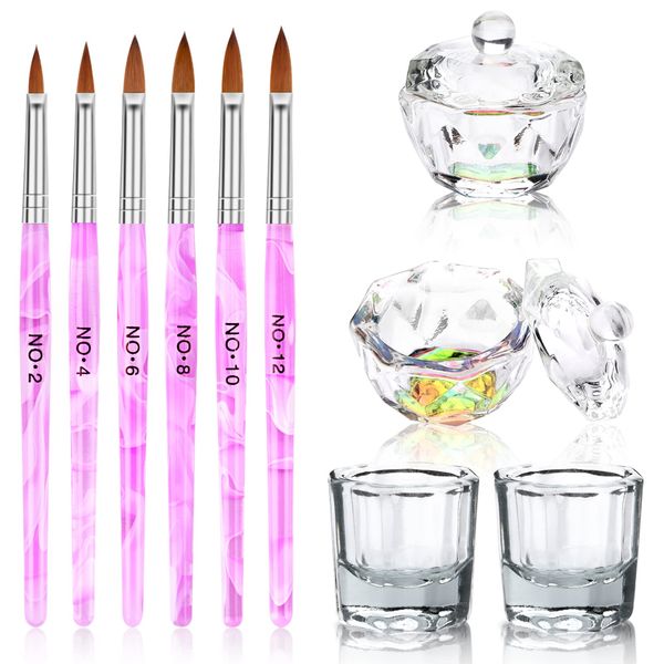 Acrylic Nail Brush Dappen Dish Set, 6PCS Nail Art Pen and 4PCS Crystal Dappen Dish for Acrylic Nails, Manicure Bowl Cup Glass Container for Acrylic Liquid Nail Tool Kit