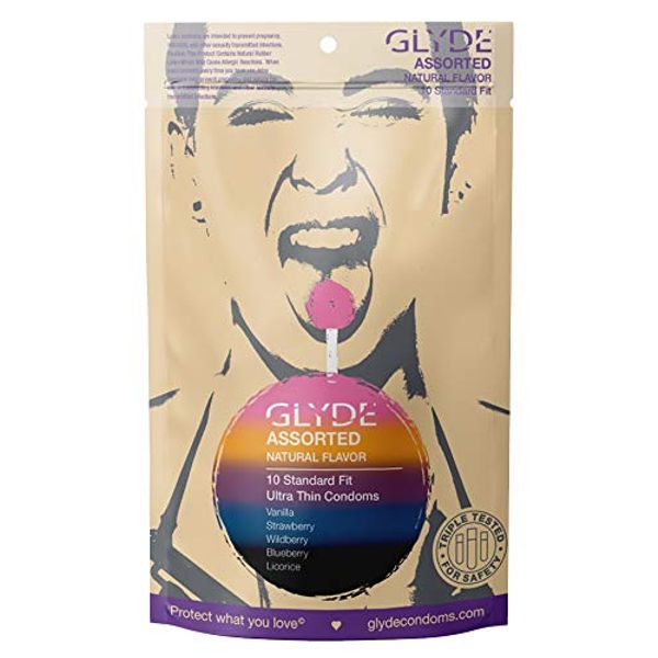 GLYDE Assorted Flavored Ultra Thin Condoms - 10 Count - Organic Flavor Extract, Ultra-Thin, Vegan, Non-Toxic, Medium Size Natural Rubber Latex, 53mm Yummy Standard Fit