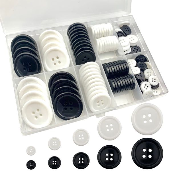 162 PCS Mixed Resin Sewing Buttons, Eco-Friendly 1 inch Buttons with Compartmentalized Storage Box Black Buttons, 4 Holes 5 Sizes DIY White Buttons, Suitable for Sewing, DIY and Holiday Decoration.