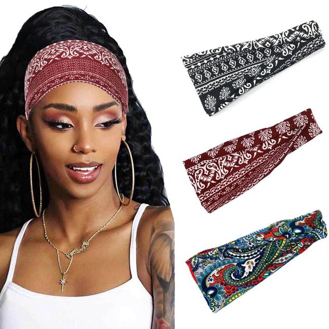 Fashband Breites Stirnband Blume Elastisches Vintage Haarband Yoga Turban Haarschmuck für Frauen und Mädchen (3 Stück)