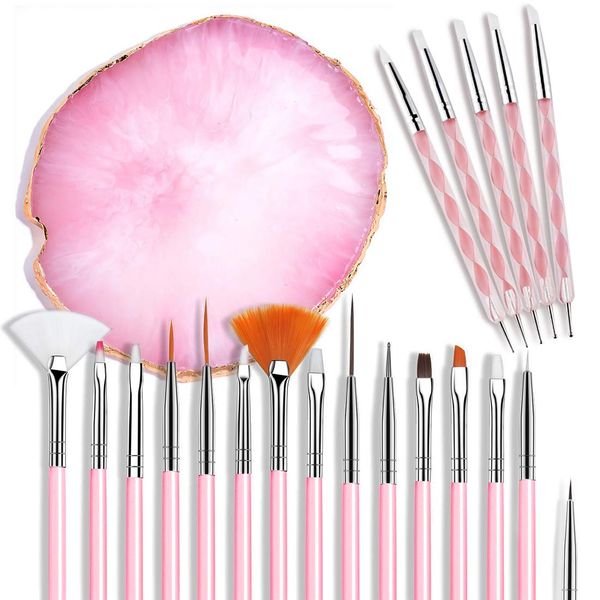 21 Pcs Nail Art Brushes Nail Art Tool Set Resin Palette Nail Art Painting Mixed Color 2 Way Acrylic Silicone Carving Pen Dotting Pen Tool Manicure Kit DIY Makeup Display Board for Home Salon, Pink