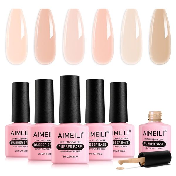 AIMEILI 5 in 1 Rubber Base Gel Set For Nails, 6pcs Sheer Pink Nude Color Gel Nail Polish UV LED Soak Off, Elastic Nail Strengthener Long Lasting 8ml - Gift Kit 45