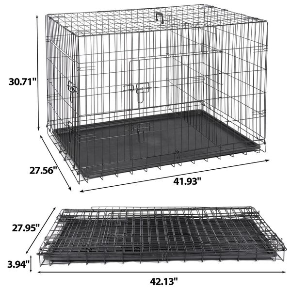 Folding Dog Crate 42" Metal Pet Cage Dog Kennel with Double Doors and Tray Black