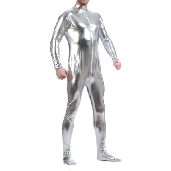 Seeksmile Unisex Metallic Bodysuit Zentai without Hood Adult Shiny One Piece Spandex Body Suit Halloween Costume (Large, Silver)