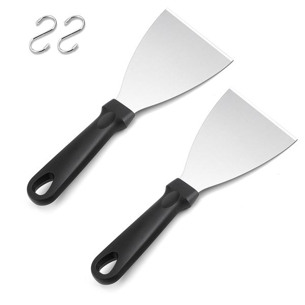 Herogo 2 Pieces Griddle Scraper Set, Stainless Steel Grill Scraper with Black Plastic Handle for BBQ, Burger, Steak, Kitchen, For grilling teppanyaki meat, cleaning the grill pan, Dishwahser Safe