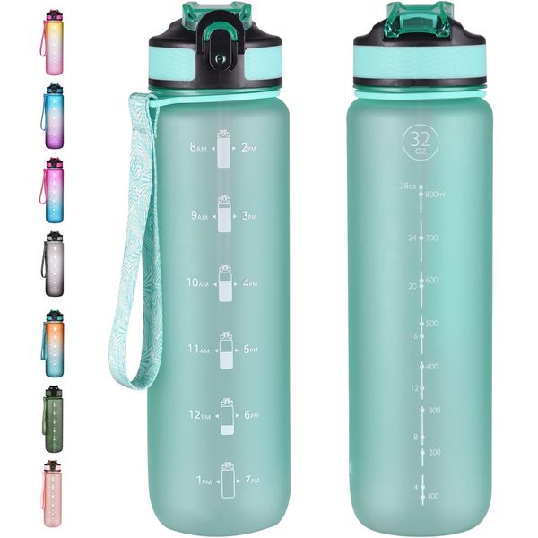 NAVTUE 1L Water Bottle with Straw,Sports Drinks Bottle with Time Markings, Leak Proof, Tritan BPA Free for School/Cycling/Running Mint Green