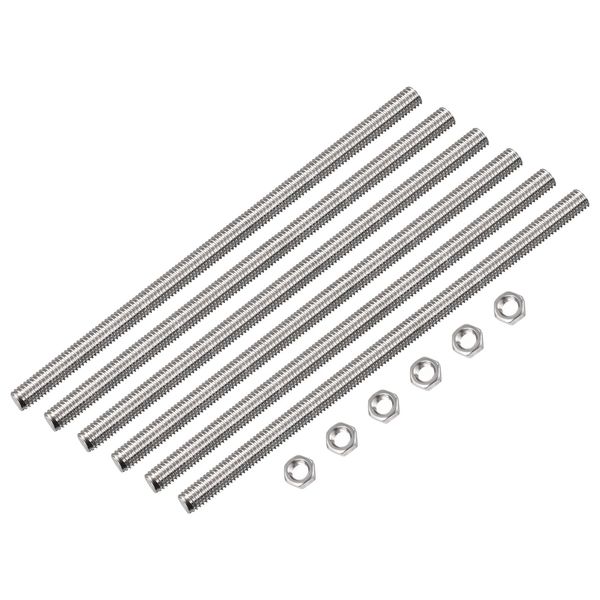 sourcing map 6 Pcs M5 x 200mm Fully Threaded Rod with 6 Pcs Hex Nuts, 0.8mm Thread Pitch 304 Stainless Steel Right Hand Threaded Rods Bar Studs