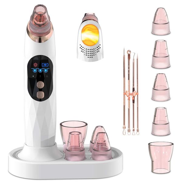 Blackhead Remover Pore Vacuum with Hot Compress- 2024 Upgraded Electric Face Cleaner Pore Extractor Pimple Extractor Acne White Heads Removal Tool with 5 Suction Head LCD Screen and Base