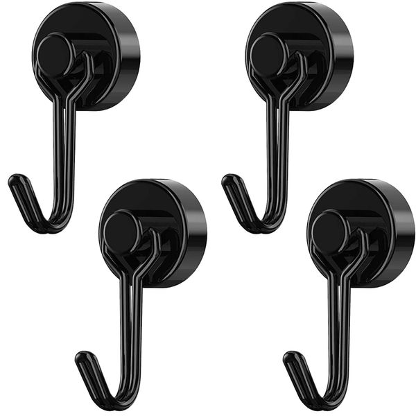 Tohoer Magnetic Hooks, Heavy Duty Neodymium Magnet Hook 30LBS with Rust Proof for Indoor Outdoor Hangers Hanging,Refrigerator,Grill,Tools,Kitchen,Key Holders,Black,Pack of 4