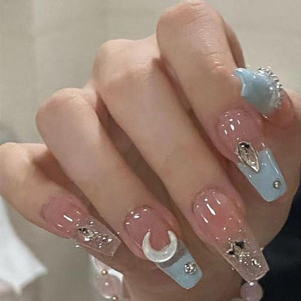 &quot;3D Nail Tips&quot; XUZOO 24 Pieces Nail Tips, False Nails, 3D Nails, Three-dimensional, Short, Long, Cute, Stylish, Popular, Nail Tips, Nail Stickers, False Nails, Nail Tools, Double-sided Tape Included (Stars and Moons)