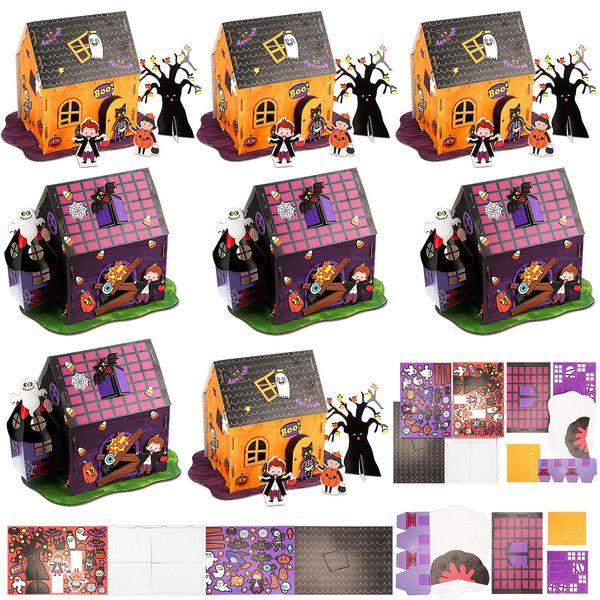 Shappy 8 Set Halloween Craft Kits for Kids 3D Halloween Haunted House Craft Kit Make Your Own Haunted House Craft DIY Halloween Craft Stickers for Kids Trick or Treat Classroom Favors