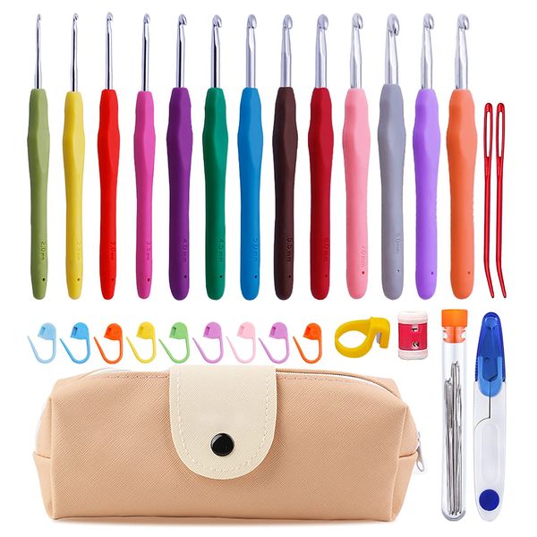 38 Pack Crochet Hooks Set, 13 Pcs 2mm(b)-10mm(n) Ergonomic Soft Grip Crochet Handles, Crochet Needle with Storage Case, for Arthritic Hands, Extra Long  Knitting Needles