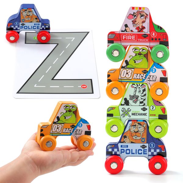 BEKILOLE Jumbo Animal Cars 4 Piece Stacking Wooden Car Playset for Toddlers Preschool Learning Montessori Toys for Boys & Girls Birthday Gifts for 1+ Year Old,Set A (4 Cars + Alphabet Flashcards)