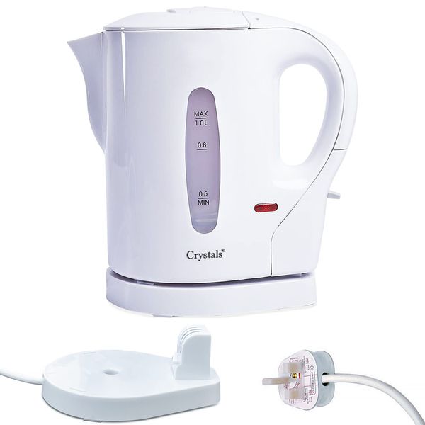 CRYSTALS 1L Cordless Electric Kettle Compact for Travel, Guest Room, Office Makes 4 Cups of tea & coffee Transparent Design- Boil Protection & Auto Shut off