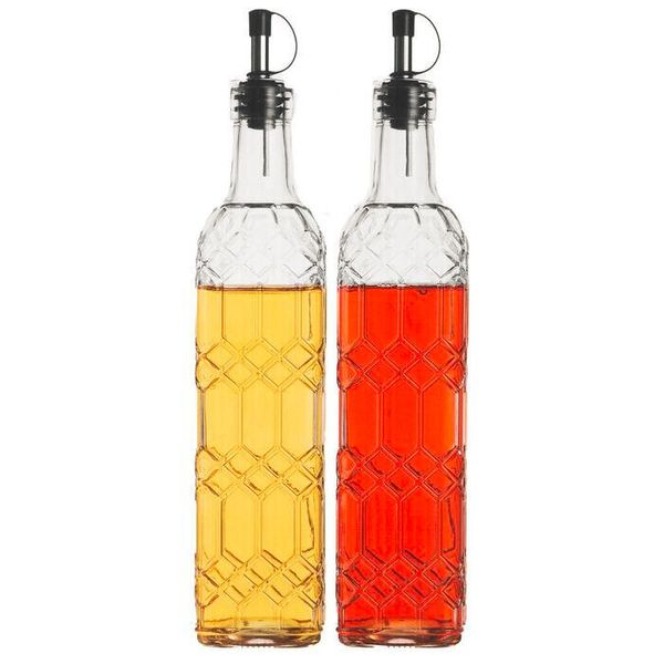 Home Essentials Set of 2 Embossed Glass Oil & Vinegar Dispenser Cruet bottles