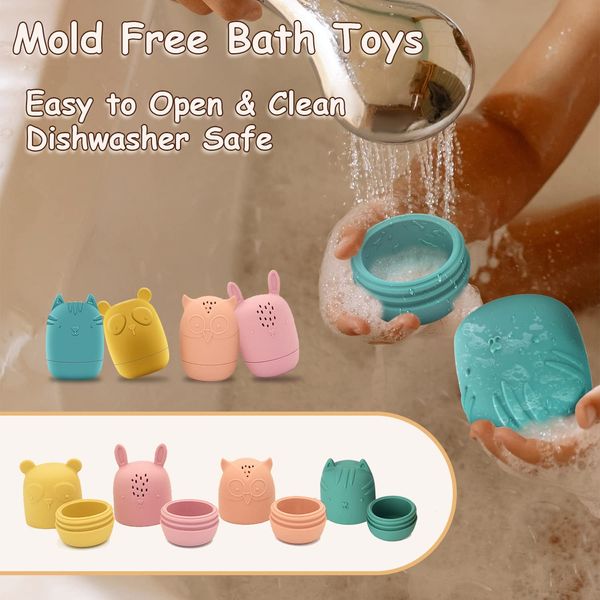 Baby Bath Toys, iselyn 4Packs Mold Free Bath Toys Silicone Bath Toys for Toddlers 1-3 Bath Toys Non-Toxic Dishwasher Safe Bathtub Toys for Infants