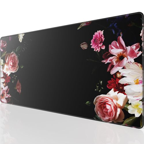 KTRIO Large Gaming Mouse Pad with Superior Micro-Weave Cloth,Extended Mousepad with Stitched Edges, Non-Slip Base, Water Resist Keyboard Pad for Gamer, Office & Home, Black Flower