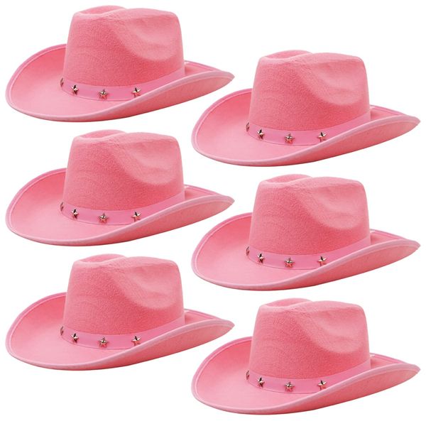 Adults Pack of 6 - Pink Cowboy Hats with a Star-Studded Band - Wild West Party Fancy Dress Costume Accessory