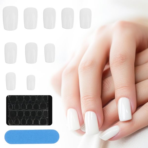 Dimeho 24Pcs White Press on Nails Short, Medium Square Glue on Nails Pure Color Acrylic Fake Nails Reusable Press on Nail Kit with Nail Glue and Mini Nail File Stick on Nails for Women Daily Wear