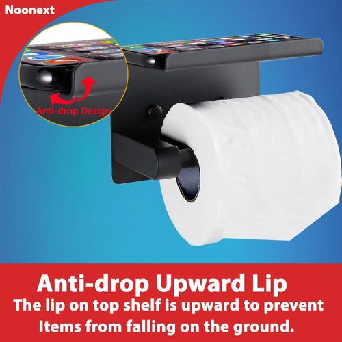 Adhesive Toilet Paper Holder with Shelf, SUS304 Stainless Steel Toilet Paper Roll Holder, Mega Roll Tissue Roll Paper Dispenser, No Drilling or Wall Mounted with Screws (Black Matte)
