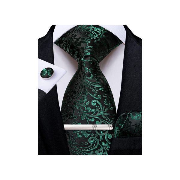 DiBanGu Men Floral Ties Woven Classic Emerald Green Black Paisley Necktie with Pocket Square Cufflinks Tie Clip Set for Wedding Business