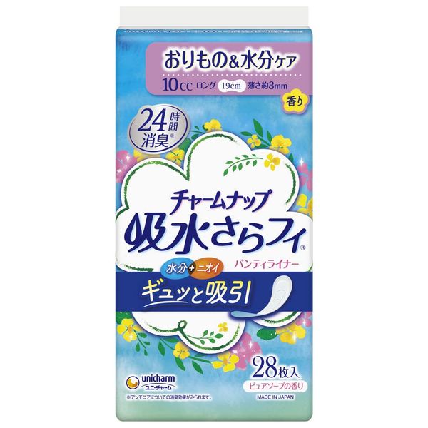 Charm Nap Water Absorbent, Women's Panty Liner, Long, 3.9 fl oz (10 cc, 19 cm), Pure Soap Scent, 28 Sheets